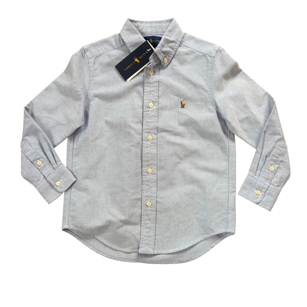 NWT Ralph Lauren Boys Blue Cotton Oxford Long Sleeve Button Down Shirt Size 5